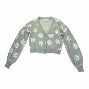 No Boundaries Sage Green Floral Daisy Fuzzy Stretch Cardigan Sweater Size Small